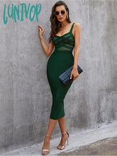 Lunivop Solid Nude Women Summer Sexy Sleeveless Backless V Neck Green Mesh Midi Bodycon Bandage